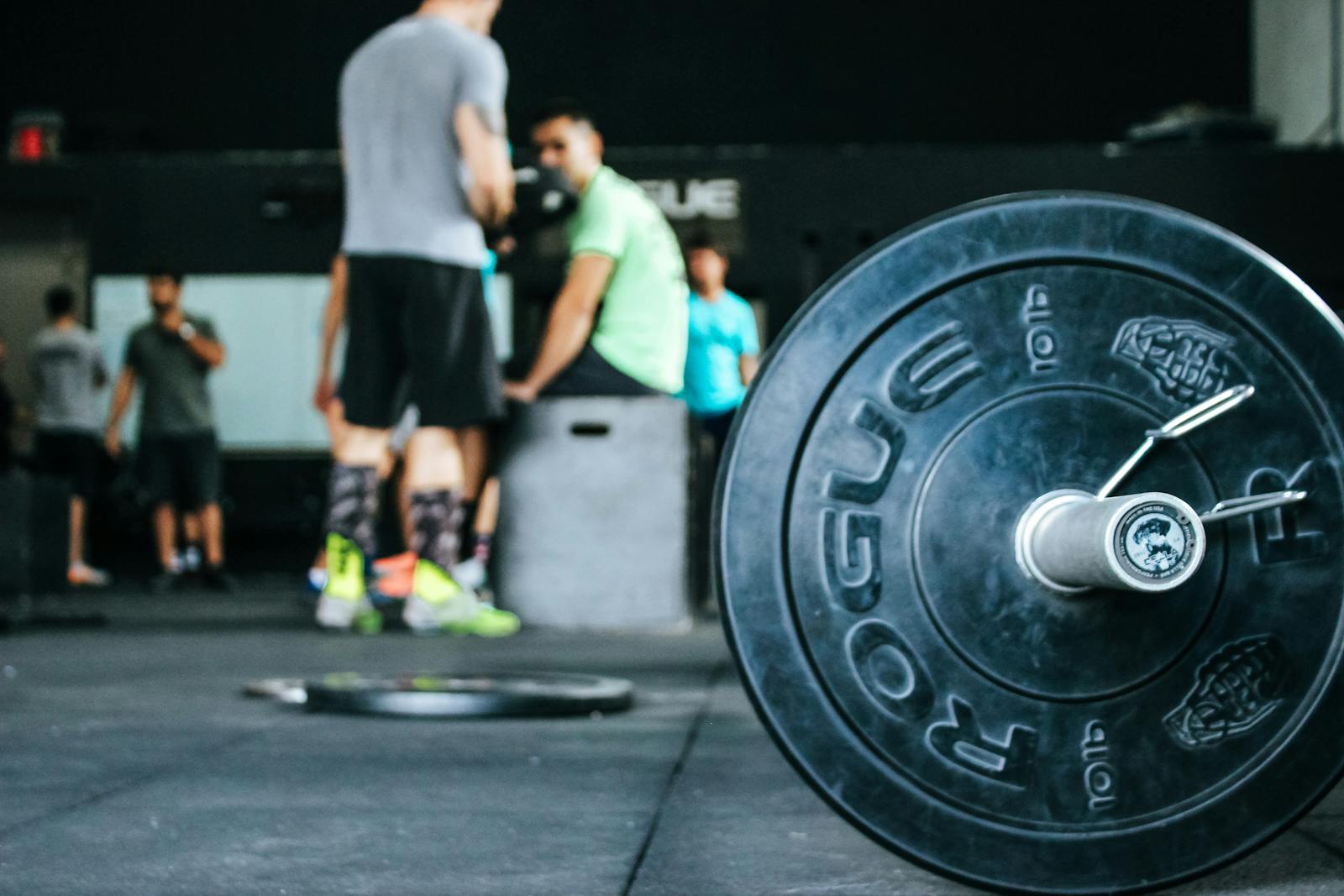 Energetic gym environment showcasing weightlifting equipment and active individuals.